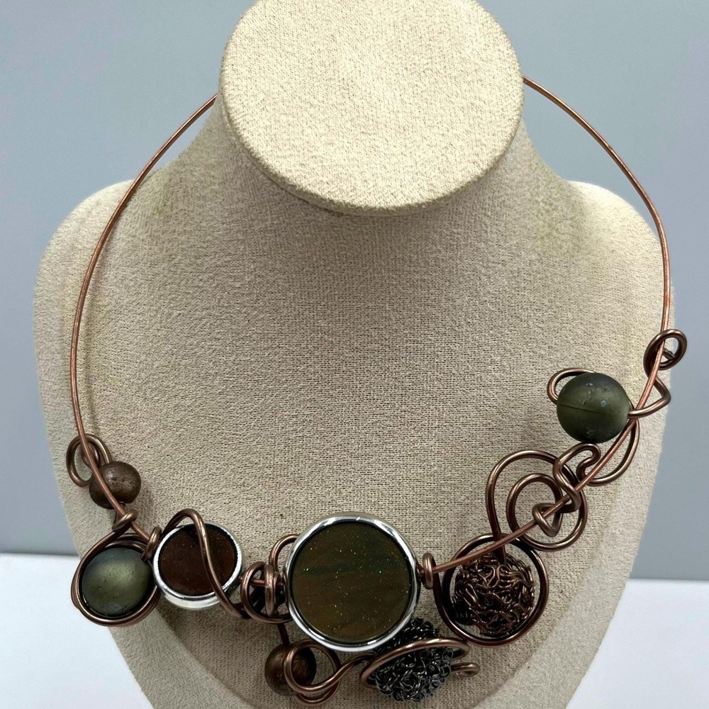 VTG Copper Tone Statement Collar Necklace Abstract Wire Wrapped Mixed Media Disk